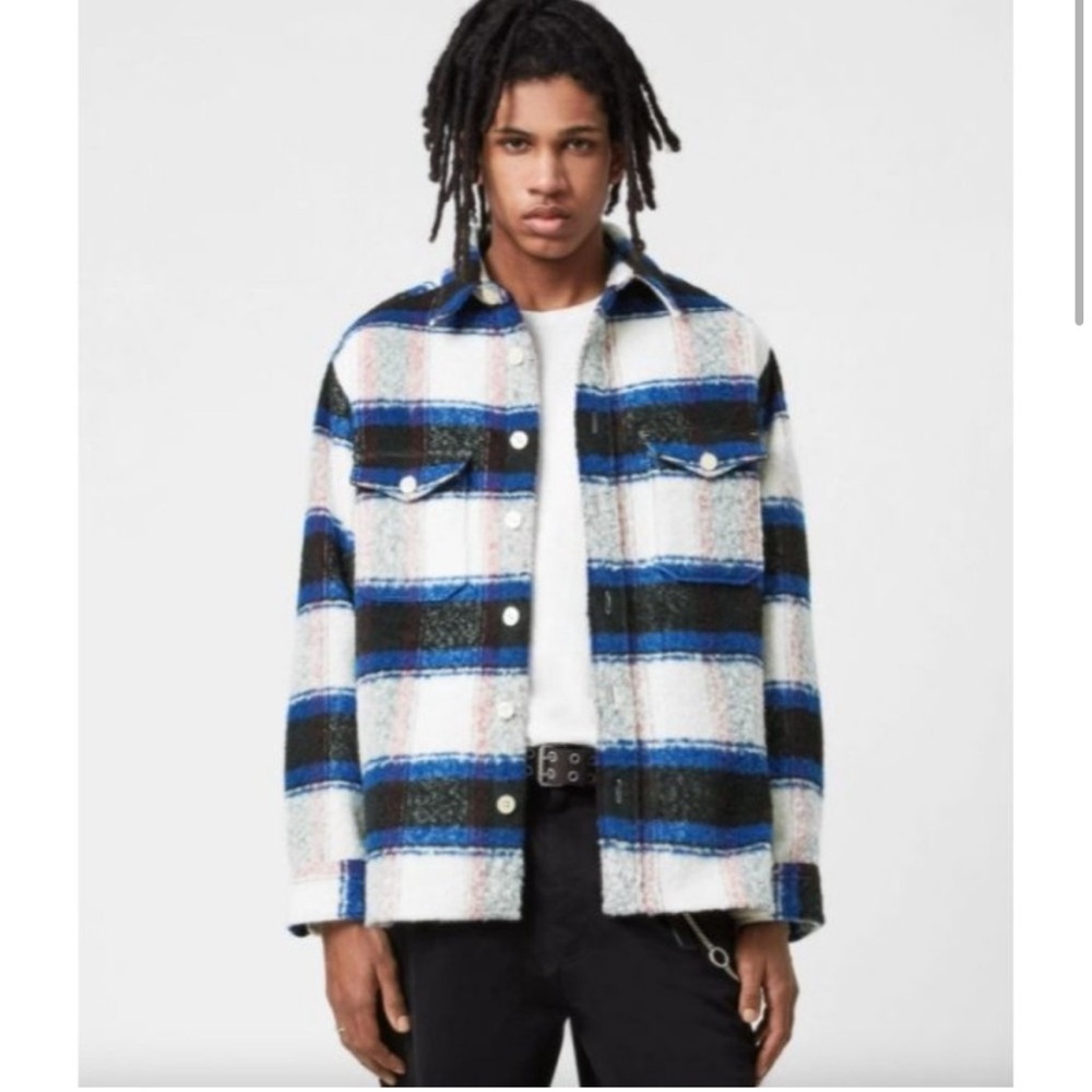 Allsaints Rayado Wool Blend Long Sleeve Shirt White Stripes Men's Size m